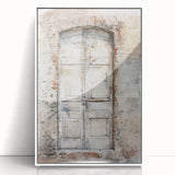 Art Deco style poster featuring a rustic Italian door, rendered in muted earth tones on a framed acrylic.
