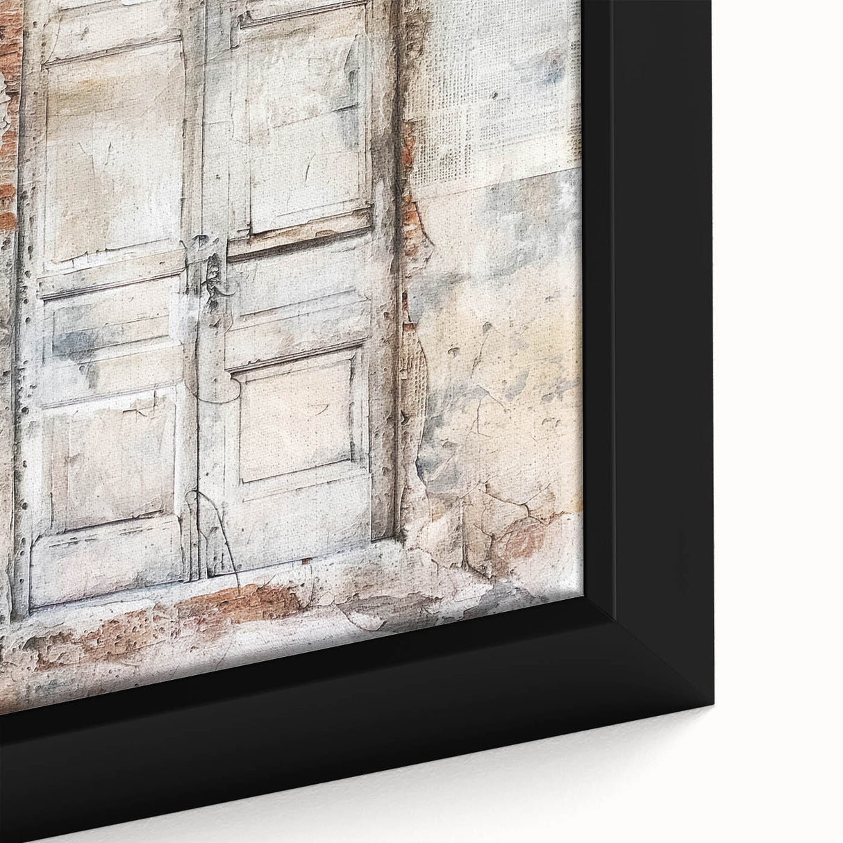 Close-up of a rustic Italian door depicted in textured black wall art with colorful accents on a framed canvas.