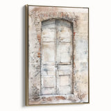 Rustic Italian door landscape painting on framed canvas, featuring earth tones, ideal for bedroom wall decor.
