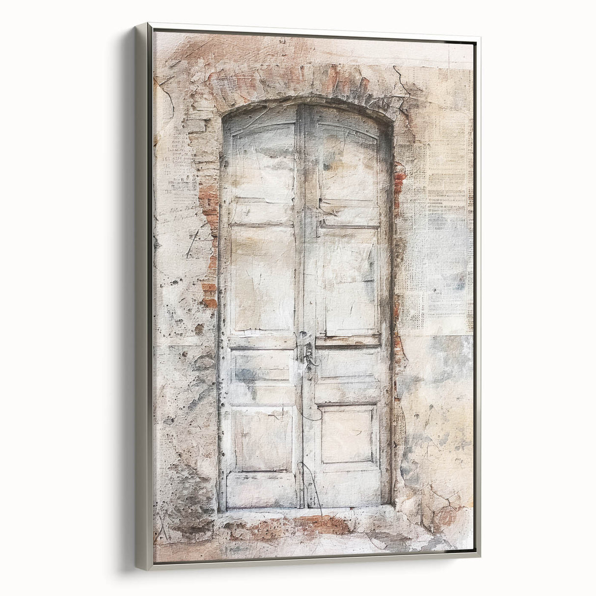 Framed canvas featuring a rustic Italian door in muted earth tones, ideal for adding a vintage touch to any room.