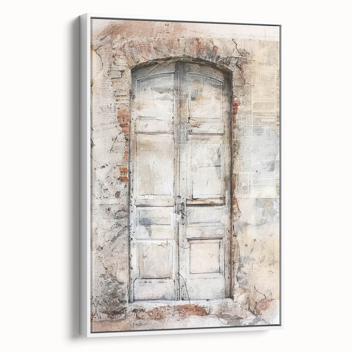 Vintage poster art of a rustic Italian door on a framed canvas, in muted earth tones, ideal for living room decor.