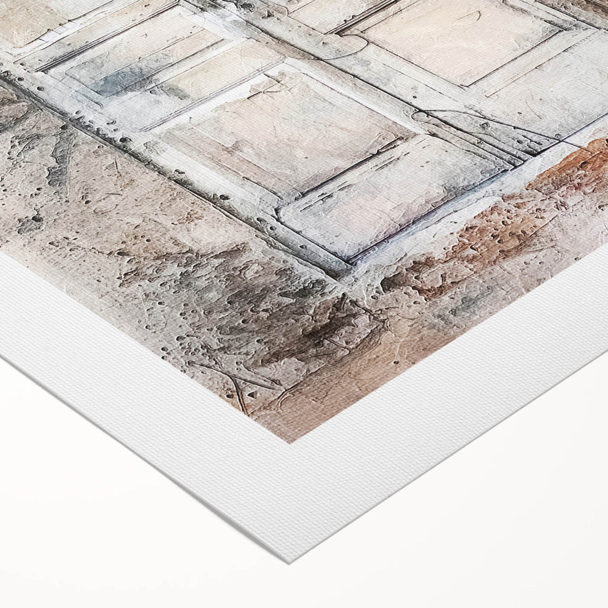 Art deco poster of a rustic Italian door on a rolled canvas, with muted earth tones, ideal for dining room wall art.