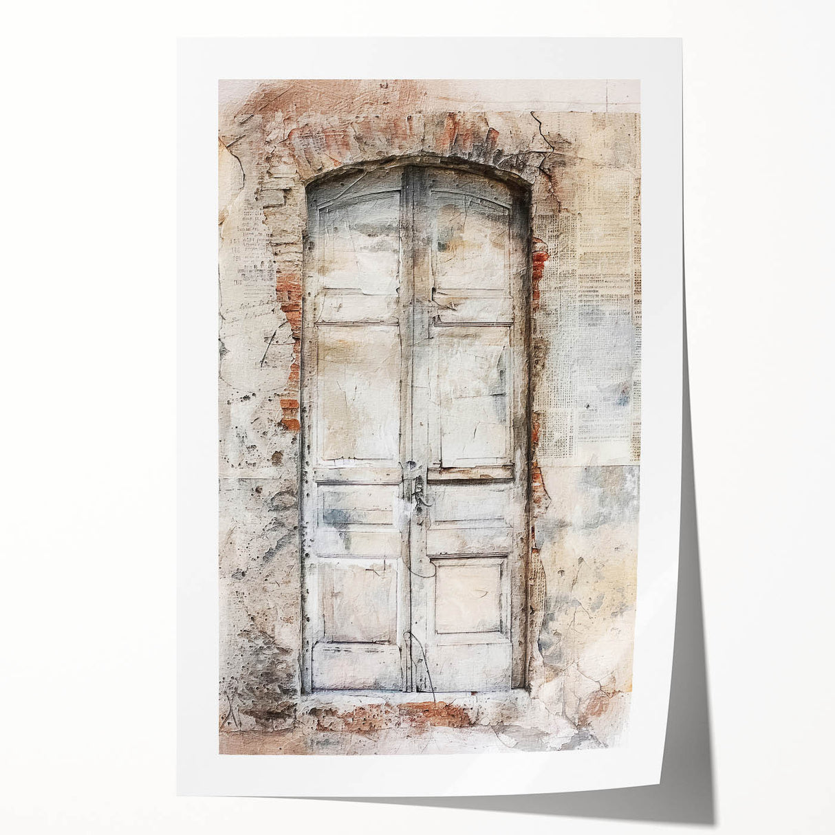 Rustic Italian door design on a rolled print, showcasing earthy tones, ideal for art wall dining room.