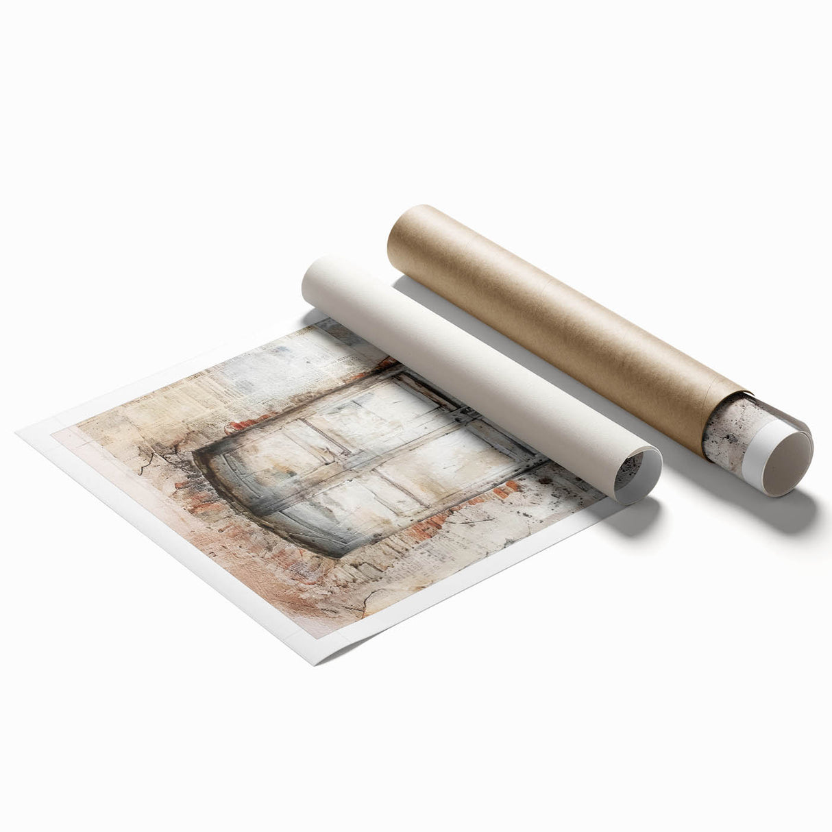 Extra large rolled print of a rustic Italian door in earthy tones, ideal for classy bathroom wall art.