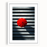 Abstract art print in black and white featuring geometric shapes, framed in white.