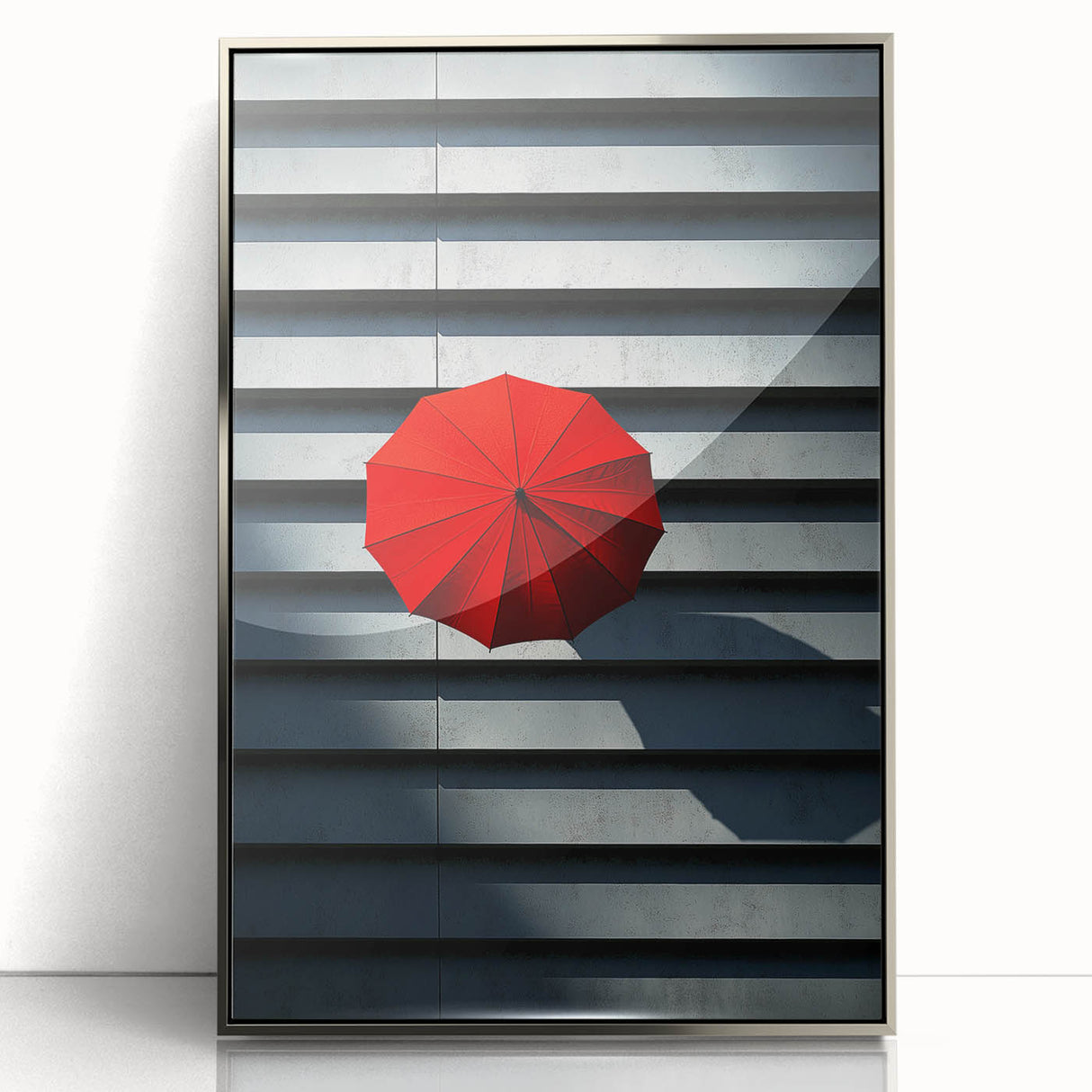 Mid-century modernist art deco poster of an architectural design in silver frame, suited for modern nursery decor.