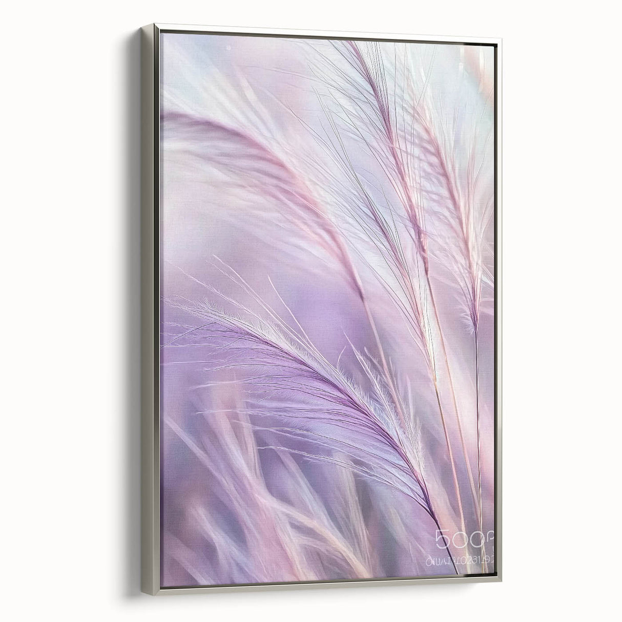 Framed canvas showcasing an elegant floral and botanical design with silver accents, displayed from a side view, perfect for home decor enhancement.