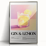 Large art print of colorful fruits and beverages in a mid-century modernist style, framed in silver acrylic.