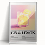 Mid-century modernist art poster featuring a playful food and drink motif in bold colors, framed in white acrylic.