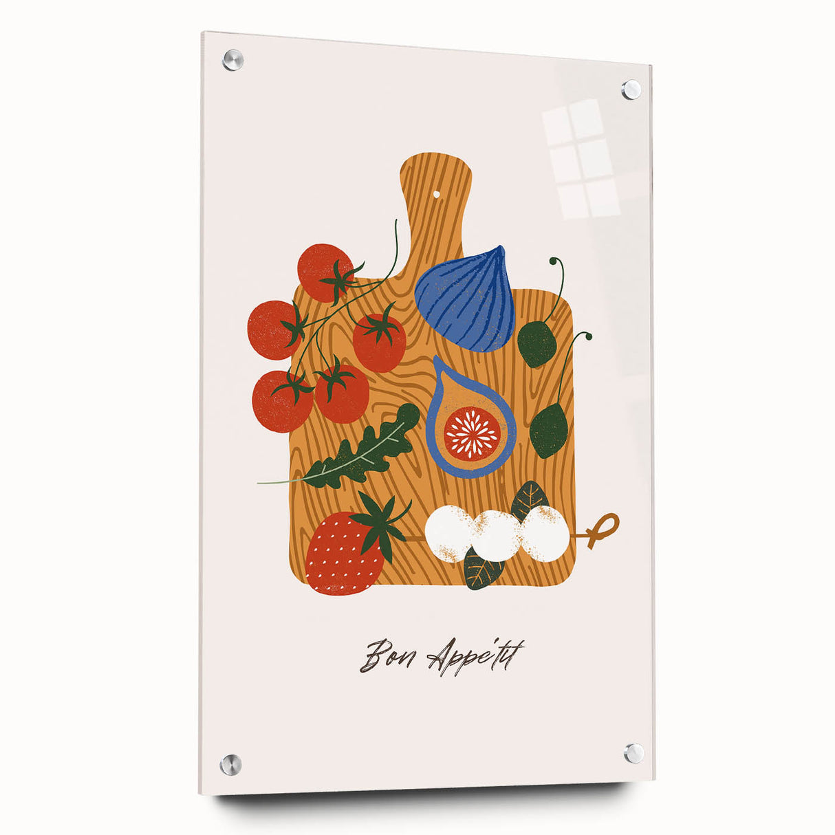 Acrylic print of assorted fruits in vibrant colors, ideal for dining room decor.