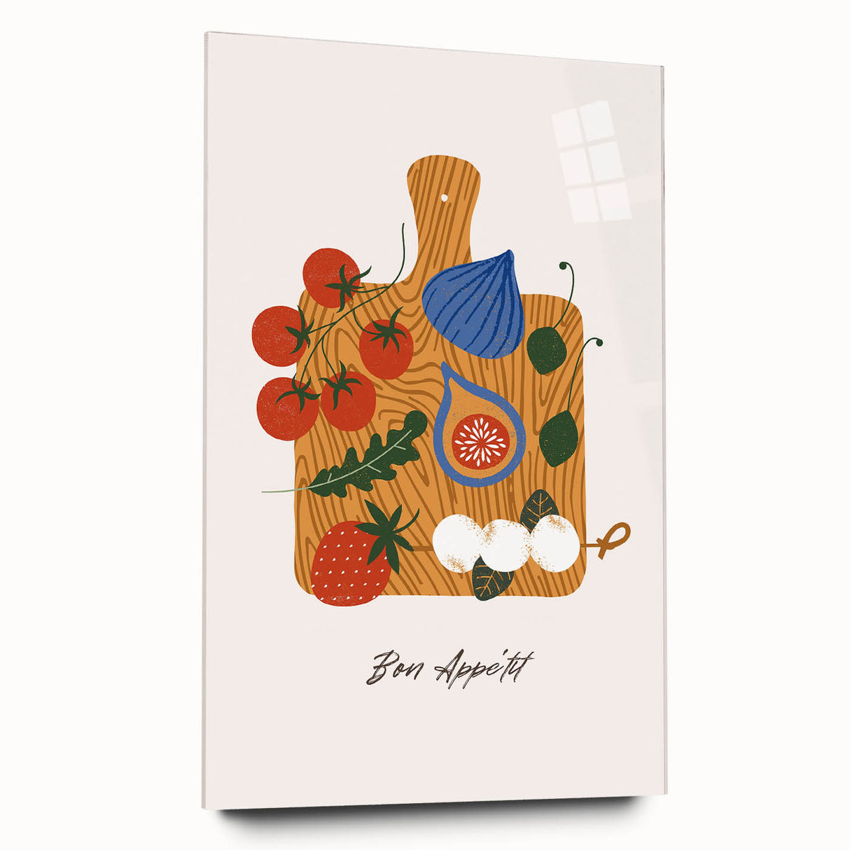 Large abstract wall art featuring assorted fruits in vibrant colors on acrylic glass.