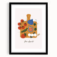 Extra large abstract art print featuring colorful textured fruits, in a black frame with mat, ideal for living room decor.
