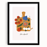 Extra large abstract art print featuring colorful textured fruits, in a black frame with mat, ideal for living room decor.