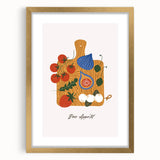 Extra large abstract art print featuring textured fruits in vibrant colors, framed in gold, ideal for living room decor.