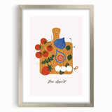 Textured art depicting abstract fruit designs in vibrant colors on a silver-framed mat, ideal for kitchen wall art.