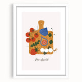 Abstract art print featuring assorted fruits in vibrant colors on a white framed poster, suitable for dining room decor.