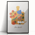 Large abstract wall art featuring assorted fruits in bold colors, framed in black acrylic, suitable for modern kitchen decor.