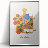 Large abstract wall art featuring assorted fruits in bold colors, framed in black acrylic, suitable for modern kitchen decor.