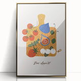 Large art print of assorted fruits in vibrant colors, framed in gold acrylic, ideal for modern kitchen decor.