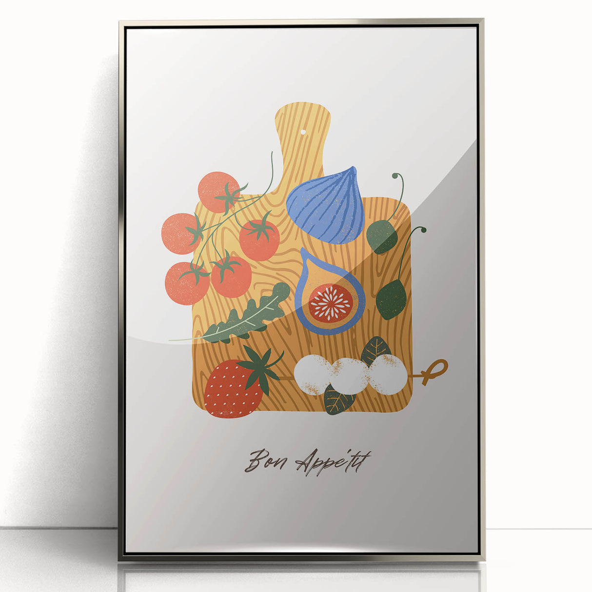 Mid-century modernist art featuring assorted fruits in vibrant colors on a silver-framed acrylic print.