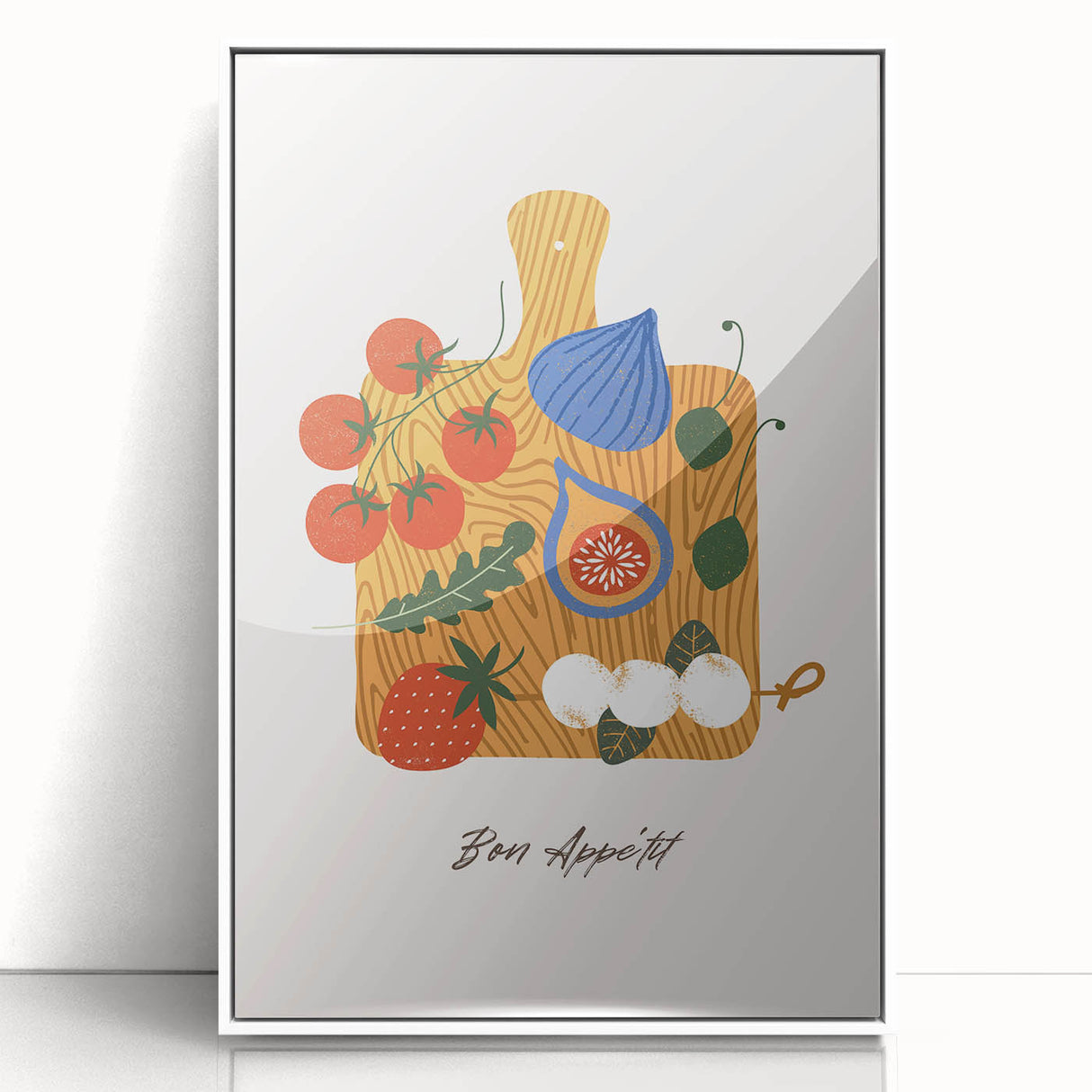 Art deco poster featuring an array of vibrant fruits on a white acrylic framed print, suitable for modern kitchen decor.