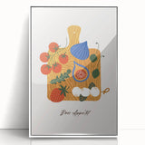 Art deco poster featuring an array of vibrant fruits on a white acrylic framed print, suitable for modern kitchen decor.