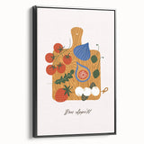 Black and white framed canvas featuring a vintage poster art style landscape of assorted fruits.