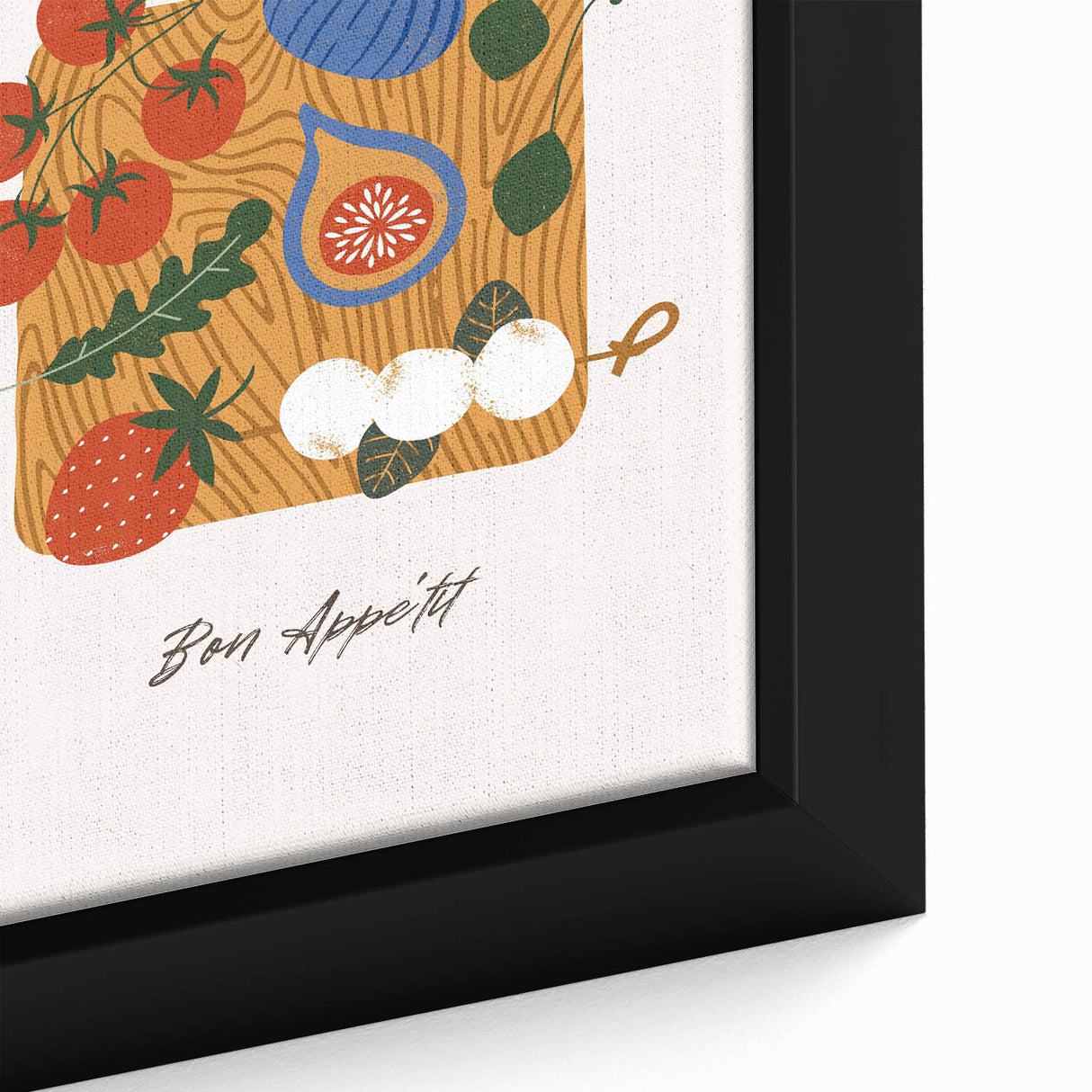 Extra large black wall art featuring a colorful, textured depiction of fruits on a framed canvas.
