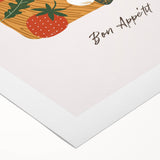 Art deco poster featuring an array of vibrant fruits on a rolled canvas, suitable for dining room decor.