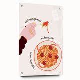 Large abstract wall art on acrylic glass depicting vibrant culinary motifs, ideal for dining room decor.