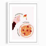 Abstract art print featuring multicolored geometric shapes on a white framed poster, ideal for dining room decor.