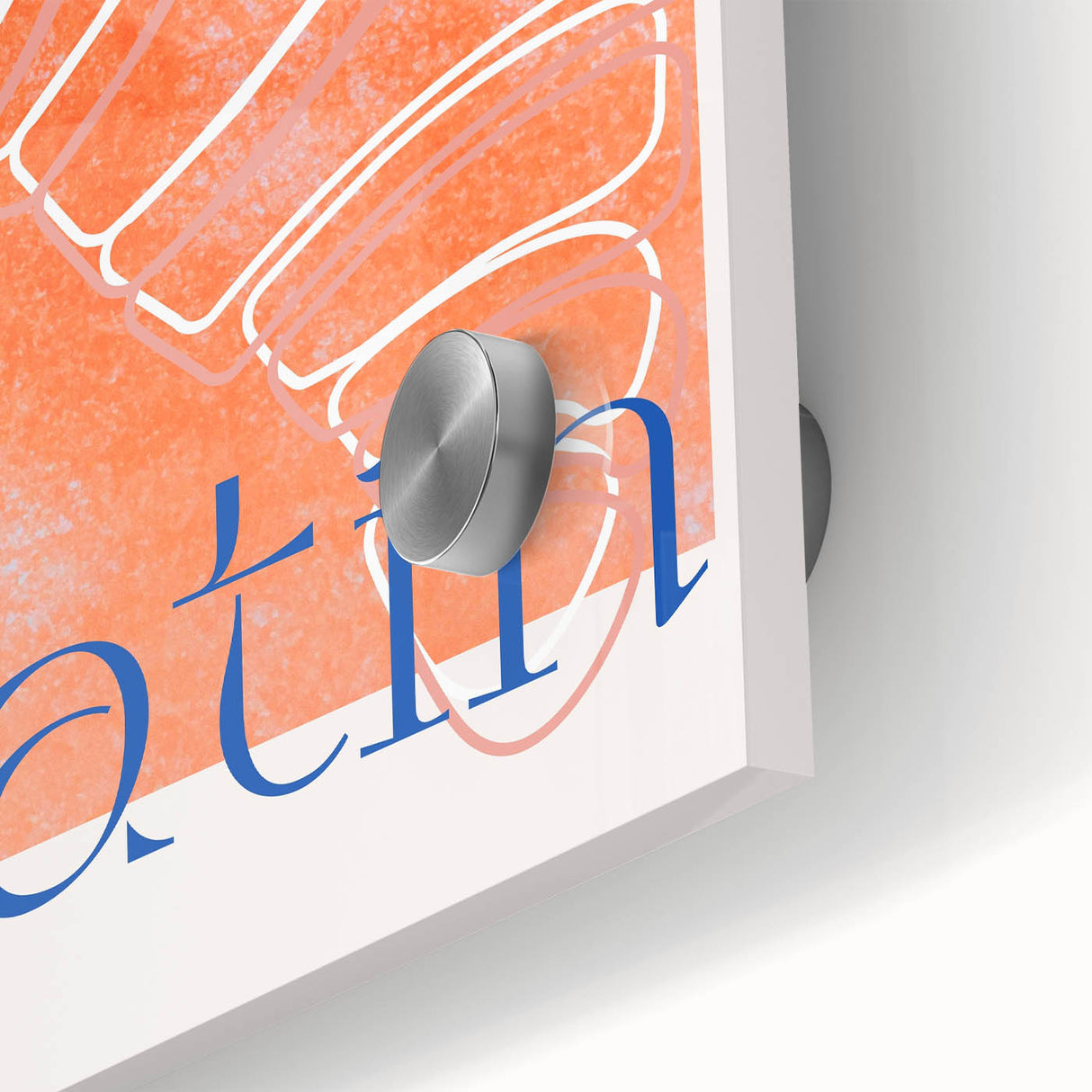 Close-up of large abstract pastries wall art on acrylic glass, featuring mid-century modernist style.