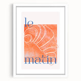 Abstract art print of assorted pastries in muted beige and brown tones on a framed white mat, suitable for dining room decor.