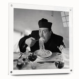 Large abstract wall art on acrylic glass depicting food and people, in vibrant colors, ideal for dining room decor.