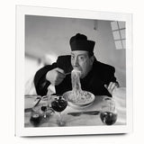 Large abstract wall art on acrylic glass depicting silhouetted people in a café, in muted earth tones.