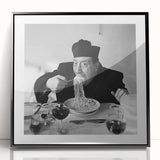 Large art print of people dining in a cafe, in mid-century modernist style, with muted earth tones on framed acrylic.