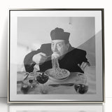 Art deco poster of stylized food and people in silver acrylic frame, suitable for modern nursery decor.