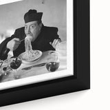 Extra large black wall art featuring a colorful, textured depiction of people dining, on a framed canvas.