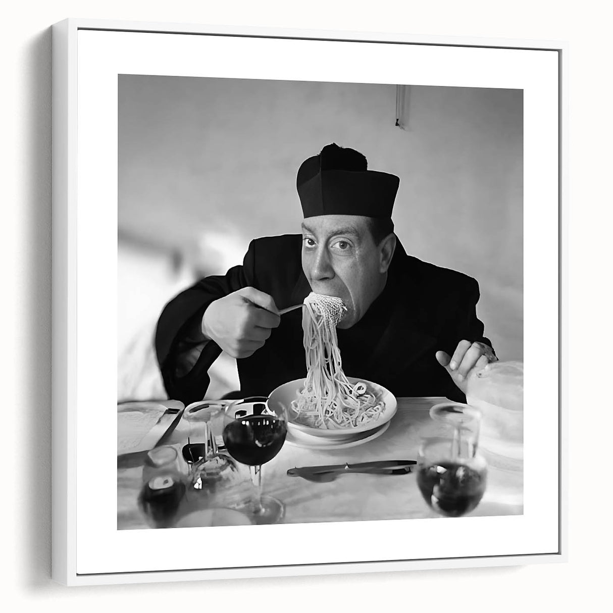 Vintage poster art featuring a colorful, abstract food and people scene on a large framed canvas.