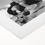 Large abstract wall art depicting people dining, in mid-century modernist style on rolled canvas.