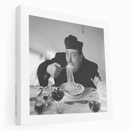 Large canvas print featuring a vibrant illustration of diverse people enjoying food, ideal for kitchen wall art.