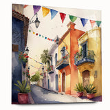 Mexican Party Wall Art - Colorful Street with Papel Picado Banners