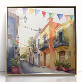 Mexican Party Wall Art - Colorful Street with Papel Picado Banners