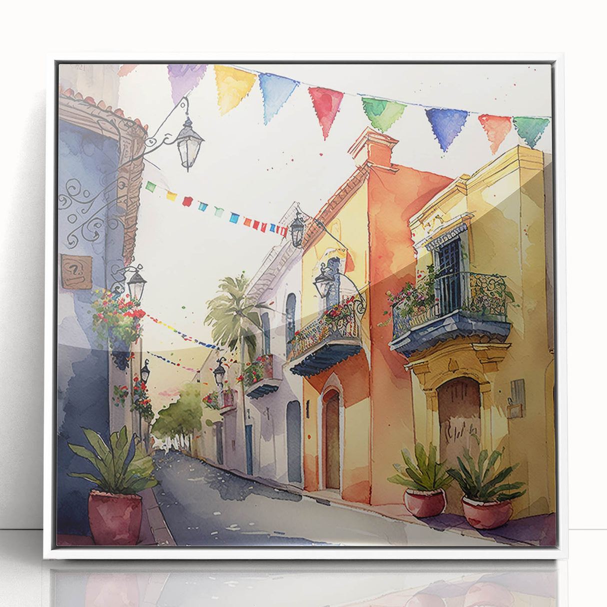 Mexican Party Wall Art - Colorful Street with Papel Picado Banners