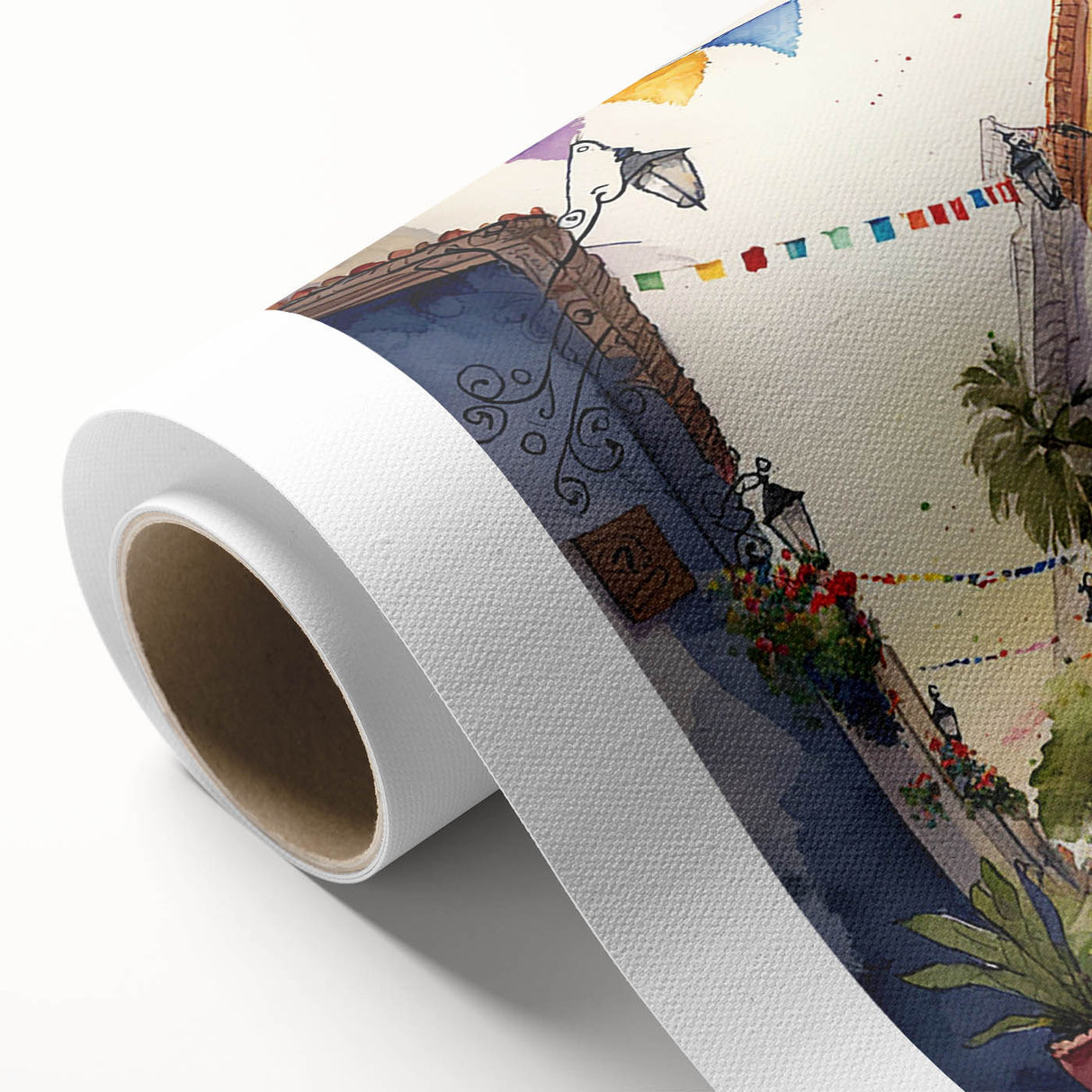 Mexican Party Wall Art - Colorful Street with Papel Picado Banners