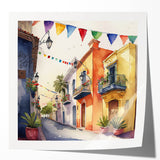 Mexican Party Wall Art - Colorful Street with Papel Picado Banners