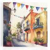 Mexican Party Wall Art - Colorful Street with Papel Picado Banners