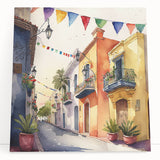 Mexican Party Wall Art - Colorful Street with Papel Picado Banners