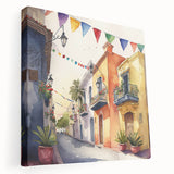 Mexican Party Wall Art - Colorful Street with Papel Picado Banners