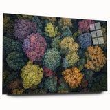 Acrylic glass landscape art display showcasing a modern abstract design in vibrant colors, viewed from the side. Ideal for contemporary home decor.